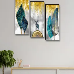 Aura White & Blue 3 Pieces Deer & Leaf Floral And Botanical Wooden Wall Art-picture-20
