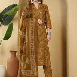 Meena Bazaar Ethnic Motifs Printed Angrakha Mirror Work Kurta With Trousers & Dupatta-picture-16