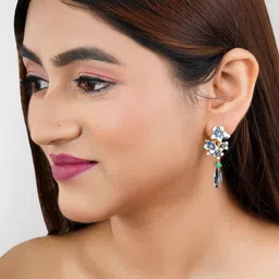 Bishty Fashion Stainless Steel Rhodium-Plated Opal Studded Enamelled Floral Drop Earrings-picture-29