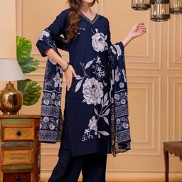 JC4U Women Floral Printed Cotton Kurta with Trousers & Dupatta image 3