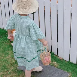 LULU & SKY Checked Tie-Up Neck Flared Sleeve A-Line Dress image 3