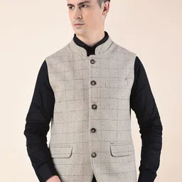 Cantabil Men Checked Woven Nehru Jacket-image-45