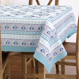 Texstylers White & Blue Ethnic Motifs Printed Pure Cotton 6-Seater Rectangle Table Cover image 2