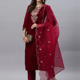 KALINI Floral Yoke Design Thread Work Velvet Kurta with Trousers & Dupatta-picture-20