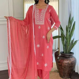 KALINI Floral Embroidered Thread Work Pure Cotton Straight Kurta With Trousers & Dupatta image 5