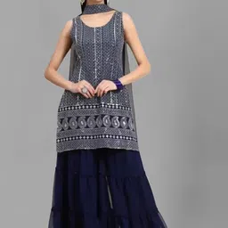 PARROT CREATION Geometric Embroidered Georgette Straight Kurti With Sharara & Dupatta-image-94