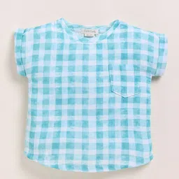 COT & CANDY Kids Teal Blue Organic Cotton Half sleeves Round Neck Checked Printed Top-picture-38