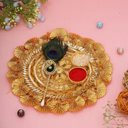 Aapno Rajasthan Aashi Gifts Brown Pooja Essential Round Peacock Inspired Pooja Thali-picture-14
