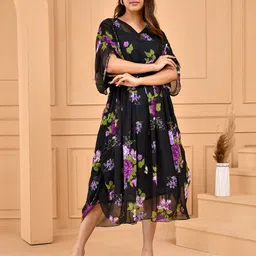 DRESENCE Floral Printed Kimono Sleeve Kaftan Midi Dress image 4