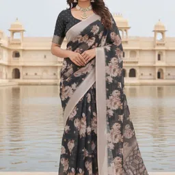 ZAMUNA Floral Linen Blend Jamdani Saree-picture-17