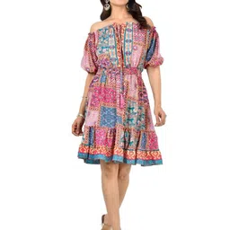 ADC SHEMONA Angelina Women Bohemian Printed Puff Sleeves Fit & Flare Midi Pink dress-image-62