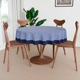 Aura Blue & White Checked Anti-Skid Cotton Round 4-Seater Table Cover image 4