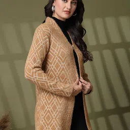 Thirty Threads Geometric Printed Open Front Long Sleeves Longline Woollen Shrug image 5