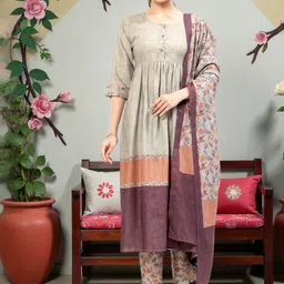 PAMPER YOURSELF Women Ethnic Motifs Printed Panelled Kurta with Trousers & With Dupatta image 3