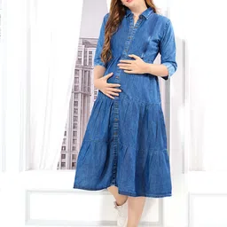 EASY MOM Shirt Collar Gathered Or Pleated Cotton Denim Maternity Shirt Midi Dress-picture-18