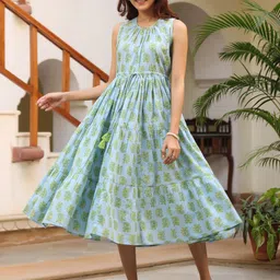 Janasya Women's Light Blue Pure Cotton Paisley Printed Tiered Dress-picture-28