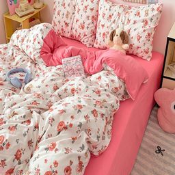 JC HOME Pink & Red Floral Polycotton 3 Piece Single Regular Bedding Set-picture-13
