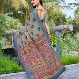 PHEASANT Floral Printed Pure Linen Saree image 2