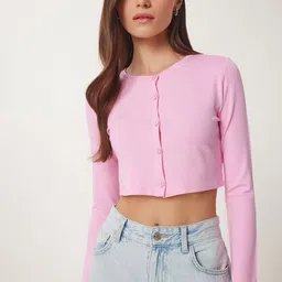 Happiness istanbul Women Round Neck Long Sleeves Crop Cardigan-picture-38