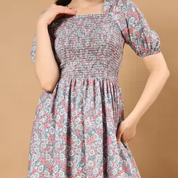 DEKLOOK Floral Printed Puff Sleeves Crepe Fit and Flare Midi Dress image 2