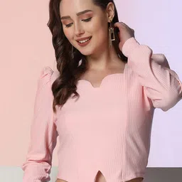 Selvia Women Sweetheart Neck Cuffed Sleeve Crop Top-image-63