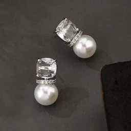 ATIBELLE Silver Plated Cubic Zirconia Studded Contemporary Shaped Studs-picture-49