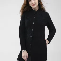 Monte Carlo Women Self Design Mock Collar Woollen Longline Cardigan image 1