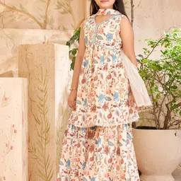 Muhuratam Girls Ethnic Wear Lemon Colour Floral Print Beads Mirror Embroidery Silk Kurti Sharara Set-image-67