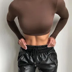 StyleCast Brown High Neck Long Sleeves Fitted Crop Top image 2
