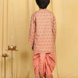 Aj DEZInES Boys Peach & Gold Ethnic Motifs Printed Angrakha Pure Cotton Kurta & Dhoti Pant image 5