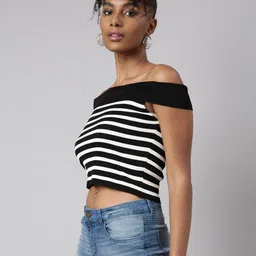SHOWOFF Striped Off-Shoulder Monochrome Crop Top image 3