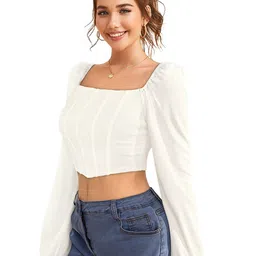 SANJANA  SILK Square Neck Puff Sleeve Crop Fitted Top image 5