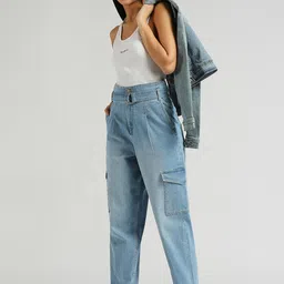 Pepe Jeans Women Tapered Fit High-Rise Heavy Fade Clean Look Stretchable Cargo Jeans image 5