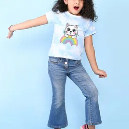 NUSYL Girls Cat & Rainbow Printed Round Neck Short Sleeves Tie & Dye T-Shirt image 3