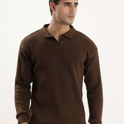 THE BEETEL HOUSE Men Ribbed Solid Shirt Collar Pullover-image-16