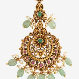 Kushal's Fashion Jewellery Gold-Plated Stone Studded and Beaded Antique Maang Tikka image 2