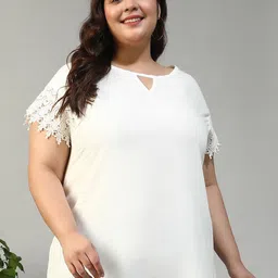 Oxolloxo Women Keyhole Neck Lace Detail Sleeves Top-image-49