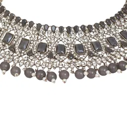 VATSALYA creation Rhodium-Plated Grey & White Stone Studded & Beaded Jewellery Set image 2