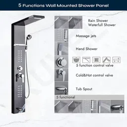RUVEL Shower Panel - Reyn With 5 Water Functions Top Rainfall Water Outlet, Waterfall Outlet, (black Glossy) image 2