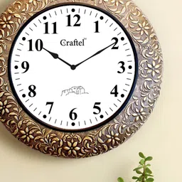 CRAFTEL White & Black Floral Textured Analogue Metal Round Contemporary Roman Wall Clock-image-3