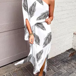 KPOP Women Floral Printed One Shoulder A-Line Maxi Dress image 1