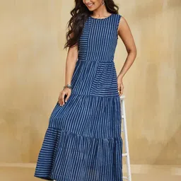 Fabindia Women Striped Tiered Cotton Fit & Flare Maxi Dress-picture-30