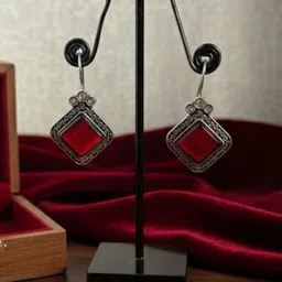 Urbalaa Silver-Plated Artificial Stones Studded Oxidised Diamond Shaped Drop Earrings-picture-17