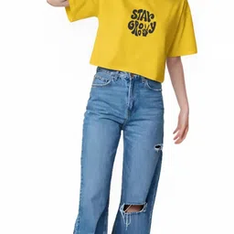 furrr Casual Regular Sleeves Self Design Women Yellow Top image 4
