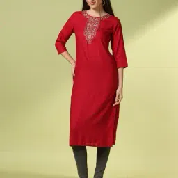 acai Women Straight Kurta with Embroidered Yoke image 4