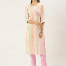 KALINI Striped Notch Neck Regular Straight Kurta with Trousers-image-97
