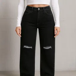 Hayler Women Jean Wide Leg Mid-Rise Highly Distressed Stretchable Jeans image 1