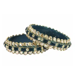ZULKA Set of 2 Glass Golden Kundan & Zircon Stone Stylish Bangles Kada image 5