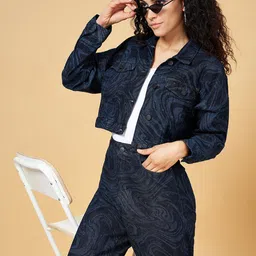 SF JEANS by Pantaloons Abstract Printed Cotton Denim Crop Jacket image 4