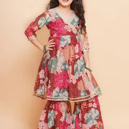 Bitiya by Bhama Girls Pink Floral Print Sequinned Cotton Angrakha Kurta with Sharara image 3